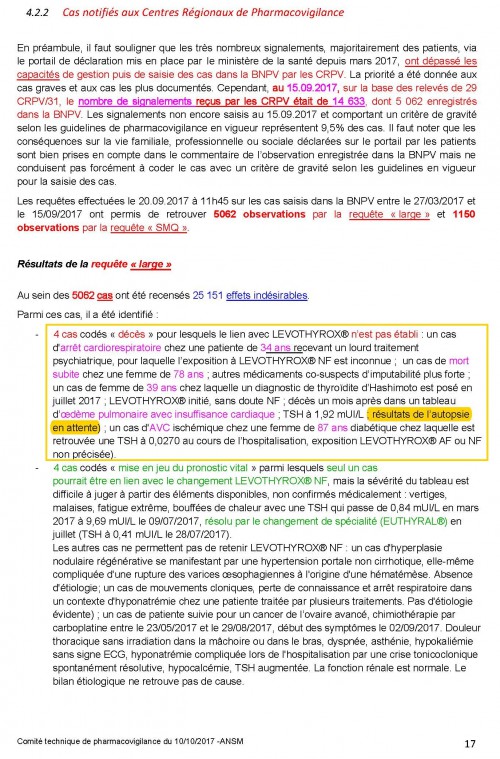 ANSM 2017 10 10 Enquête Officielle Comité Technique de PHARMACOVIGILANCE Fichier du Rapport Levothyr