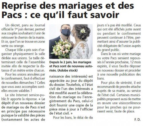 Courrier des Yvelines 170620 Reprise des mariages