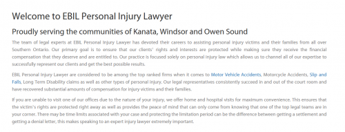 EBIL Personal Injury Lawyer
552 Pitt St W Unit 108
Windsor, ON N9A 5M2
(800) 259-3824

https://ebilinjurylaw.ca/windsor.html