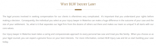 BLW Injury Law
86 Rankin St Unit 2
Waterloo, ON N2V 1V9
(226) 499-5287

https://blwlaw.ca/