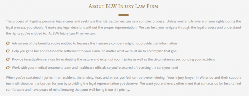 BLW Injury Law
86 Rankin St Unit 2
Waterloo, ON N2V 1V9
(226) 499-5287

https://blwlaw.ca/