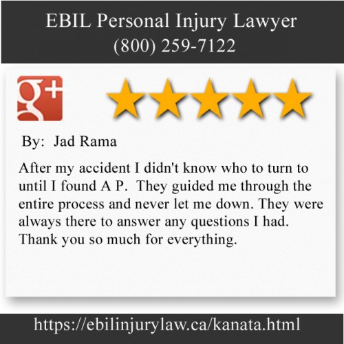 EBIL Personal Injury Lawyer
80 Terence Matthews Crescent, Unit 5
Kanata, ON K2M 2B4
(800) 259-7122

https://ebilinjurylaw.ca/kanata.html