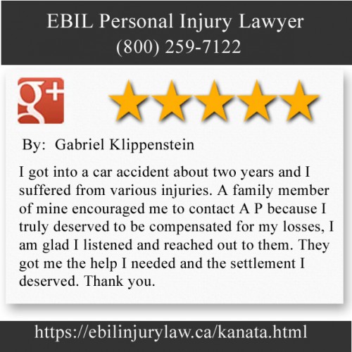 EBIL Personal Injury Lawyer
80 Terence Matthews Crescent, Unit 5
Kanata, ON K2M 2B4
(800) 259-7122

https://ebilinjurylaw.ca/kanata.html