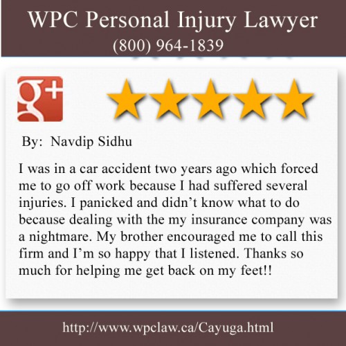 WPC Personal Injury Lawyer 
13 Cayuga Street North 
Cayuga, ON N0A 1E0 
(800) 964-1839 

http://www.wpclaw.ca/Cayuga.html