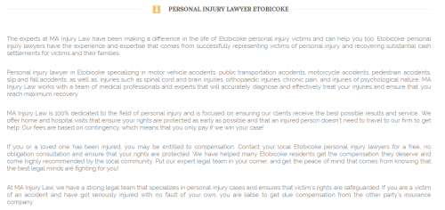 MA Personal Injury Lawyer
204-5468 Dundas St W
Etobicoke, ON M9B 1B4
(416) 477-6902

https://mainjurylaw.ca/etobicoke-personal-injury-law/