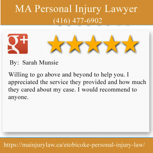 MA Personal Injury Lawyer 
204-5468 Dundas St W
Etobicoke, ON M9B 1B4	
(416) 477-6902

https://mainjurylaw.ca/etobicoke-personal-injury-law/