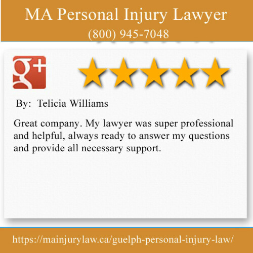 MA Personal Injury Lawyer 
370 Stone Rd W
Guelph, ON N1G 4V9	
(800) 945-7048

https://mainjurylaw.ca/guelph-personal-injury-law/