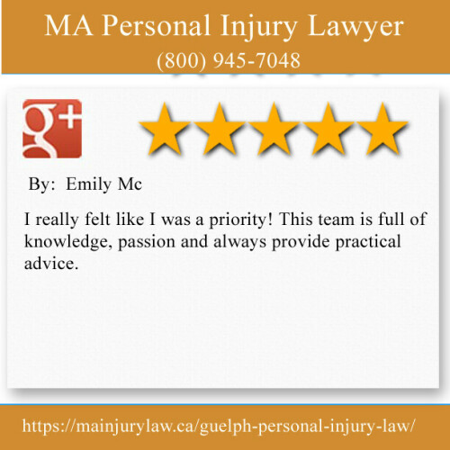 MA Personal Injury Lawyer 
370 Stone Rd W
Guelph, ON N1G 4V9	
(800) 945-7048

https://mainjurylaw.ca/guelph-personal-injury-law/