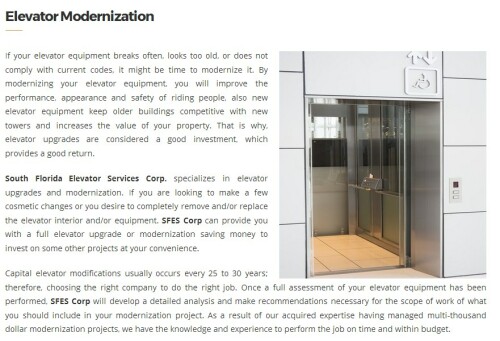 South Florida Elevator Service Corp.
7835 NW 53rd st. Unit A-B
Miami, FL 33166
(305) 456-5686

http://www.southfloridaelevatorservice.com/coral-springs/