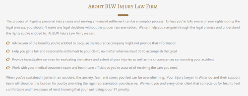 BLW Injury Law
86 Rankin St Unit 2
Waterloo, ON N2V 1V9
(226) 499-5287

https://blwlaw.ca/