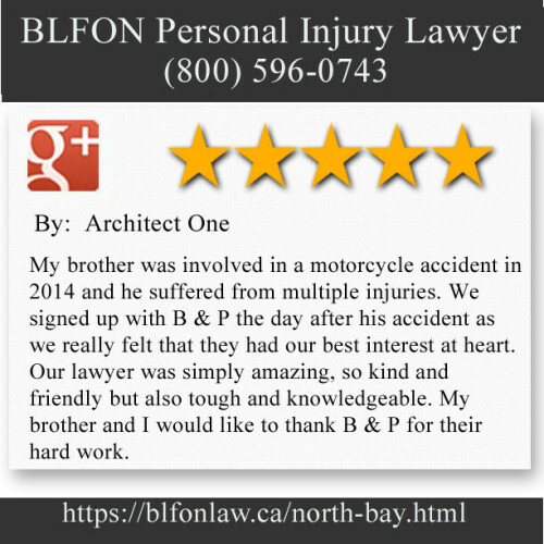 BLFON Personal Injury Lawyer
437 Sherbrooke St Suite A
North Bay, ON P1B 2C2
(800) 596-0743

https://blfonlaw.ca/north-bay.html