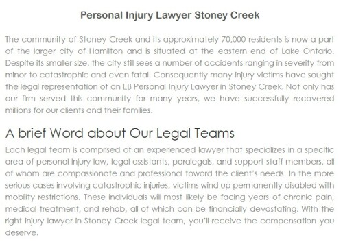 EB Personal Injury Lawyer
70 King St E, Lower Level
Stoney Creek, ON L8G 1K2
Canada
(800) 289-5079

https://ebinjurylaw.ca/stoney-creek.html