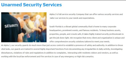 ALPHA 3 SECURITY SERVICES INC
8177 Glades Road Suite # 102
Boca Raton, FL 33434
(888) 985-0883